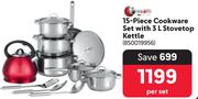 Tissolli 15-Piece Cookware Set With 3Ltr Stovetop Kettle 850019956-Per Set