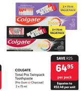 Colgate Total Pro Twinpack Toothpaste Pro Gum Or Charcoal-2 x 75ml Per Pack