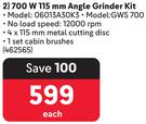 Bosch 700W 115mm Angle Grinder Kit 06013A30K3 GWS 700-Each
