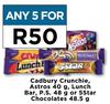 Cadbury Crunchie, Astros 40g, Lunch Bar, P.S 48g Or 5 Star Chocolates 48.5g-For Any 5