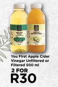 You First Apple Cider Vinegar Unfiltered Or Filtered-For 2 x 500ml
