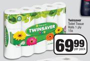 Twinsaver Toilet Tissue Rolls 1 Ply 15s-Per Pack