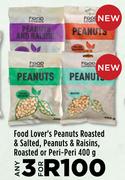 Food Lover's Peanuts Roasted & Salted, Peanuts & Raisins, Roasted Or Peri Peri-For 3 x 400g