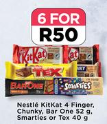 Nestle Kitkat 4 Finger, Chunky, Bar One 52g, Smarties Or Tex 40g-For 6