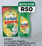 1 x Sunlight Regular Dishwashing Liquid 750ml & 1 x Sunlight Refill 750ml-Combo