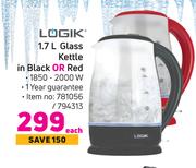 Logik 1.7L Glass Kettle In Black Or Red-Each