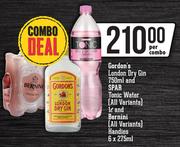 Gordon's London Dry Gin 750ml & Spar Tonic Water 1L & Bernini Handies 6x275ml-Per Combo 