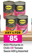 Koo Pilchards In Chilli Or Tomato Sauce Assorted-For Any 4 x 400g
