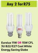Eurolux 11W Or 15W CFL 3U B22/E27 Cool White Energy Saving Globe- For Any 2