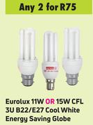 Eurolux 11W Or 15W CFL 3U B22/E27 Cool White Energy Saving Globe-For Any 2