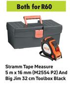 Stramm Tape Measure 5m x 16mm M2554 P2 & Big Jim 32cm Toolbox Black-Both For