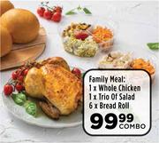 1 x Whole Chicken/ 1 x Trio Of Salad/ 6 x Bread Roll Combo