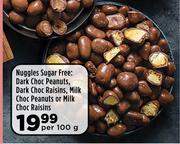 Nuggles Sugar Free Dark Choc Peanuts,Dark Choc Raisins,Milk Choc Peanuts,Milk Choc Raisins-Per 100g 