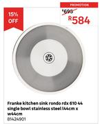 Franke Kitchen Sink Rondo RDX 610 44 Single Bowl Stainless Steel L44cm x W44cm 81424901