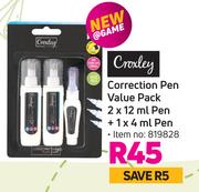 Croxley Correction Pen Value Pack-2 x 12ml Pen + 1 x 4ml Pen