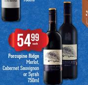 Porcupine Ridge Merlot, Cabernet Sauvignon Or Syrah-750ml Each