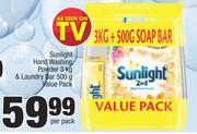 Sunlight Hand Washing Powder 3kg And Laundry Bar 500g Value Pack-Per Pack