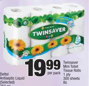 Twinsaver Mini Toilet Tissue Rolls 1 Ply 300 Sheets-8's Per Pack