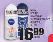 Nivea Roll On Deodorant For Men Or Women (Selected)-50ml Each