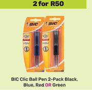 Bic Clic Ball Pen 2 Pack Black, Blue, Red Or Green-For 2