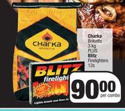 Charka Briketts 3Kg Plus Blitz Firelighters 12s-Per Combo