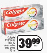 Colgate Toothpaste Total 12 Assorted Or Max White-75ml Each