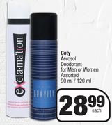 Coty Aerosol Deodorant For Men Or Women Assorted-90ml/120ml Each