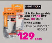 Lightworx 12W Rechargeable A80 E27 Or B22 Cool Or Warm White Globe-Each