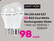 Lightworx 7W LED A60 E27 or B22 Cool White Rechargeable Globe-Each