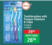 Dentalmate Toothbrushes With Tongue Cleaners & Caps 3 Piece