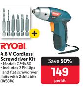 Ryobi 4.8V Cordless Screwdriver Kit CS-1480-Per Kit