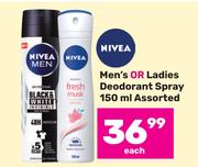 Nivea Men's Or Ladies Deodorant Spray Assorted-150ml Each