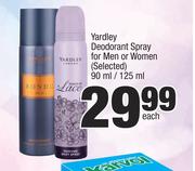 Yardley Deodorant Spray For Men Or Women (Selected)-90ml/ 125ml Each 