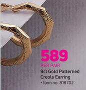 9ct Gold Patterned Creole Earring-Per Pair