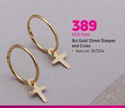 9ct Gold 12mm Sleeper & Cross-Per Pair