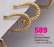9ct Gold Ribbed Creole Earring-Per Pair