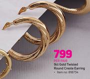 9ct Gold Twisted Round Creole Earring-Per Pair