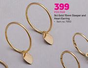 9ct Gold 15mm Sleeper & Heart Earring-Per Pair