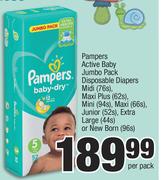 Pampers Active Baby Jumbo Pack Disposable Pack Disposable Diapers-Per Pack