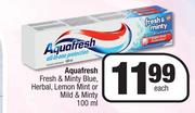 Aquafresh Fresh & Minty Blue, Herbal, Lemon Mint Or Mild & Minty-100ml Each