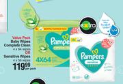 Pampers Value Pack Baby Wipes Complete Clean 4x64 Wipes Or Sensitive Wipes 4x56 Wipes-Per Pack