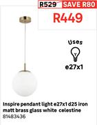 Inspire Pendant Light Set E27 x 1 D25 Iron Matt Brass Glass White Celestine 81483436