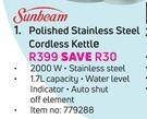 Sunbeam Polished Stainless Steel Cordless Kettle