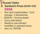 Russell Hobbs Sandwich Press RHSP-015