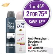 Dove Anti Perspirant Deodorant For Men Or Women Assorted-For 2 x 150ml