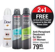 Dove Anti Perspirant Deodorant For Men Or Women Assorted-250ml Each