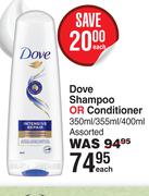 Dove Shampoo Or Conditioner Assorted-350ml/355ml/400ml Each