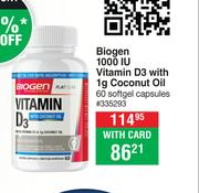 Biogen 1000 IU Vitamin D3 With 1g Coconut Oil 60 Softgel Capsules