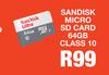 Sandisk Micro SD Card 64GB Class 10