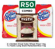 2 x Golden Cloud Cake Wheat Flour 1Kg, 1 x Tastic Long Grain Parboiled Rice 1Kg-Combo